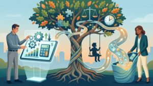 Иллюстрация на тему алиментов: символическое изображение заботы о ребенке и финансовых расчетов.